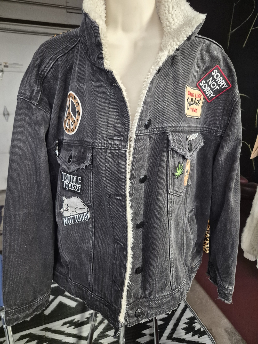 Celebrity Pink Black Sherpa-Lined Denim Jacket with Patches
